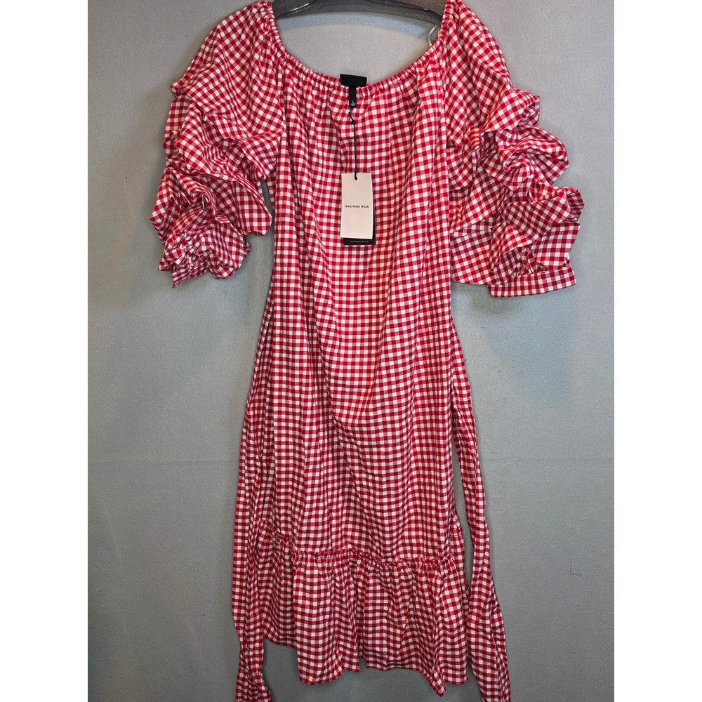 Who What Wear Red Gingham Ruffle Sleeve Midi Dress Large NWT